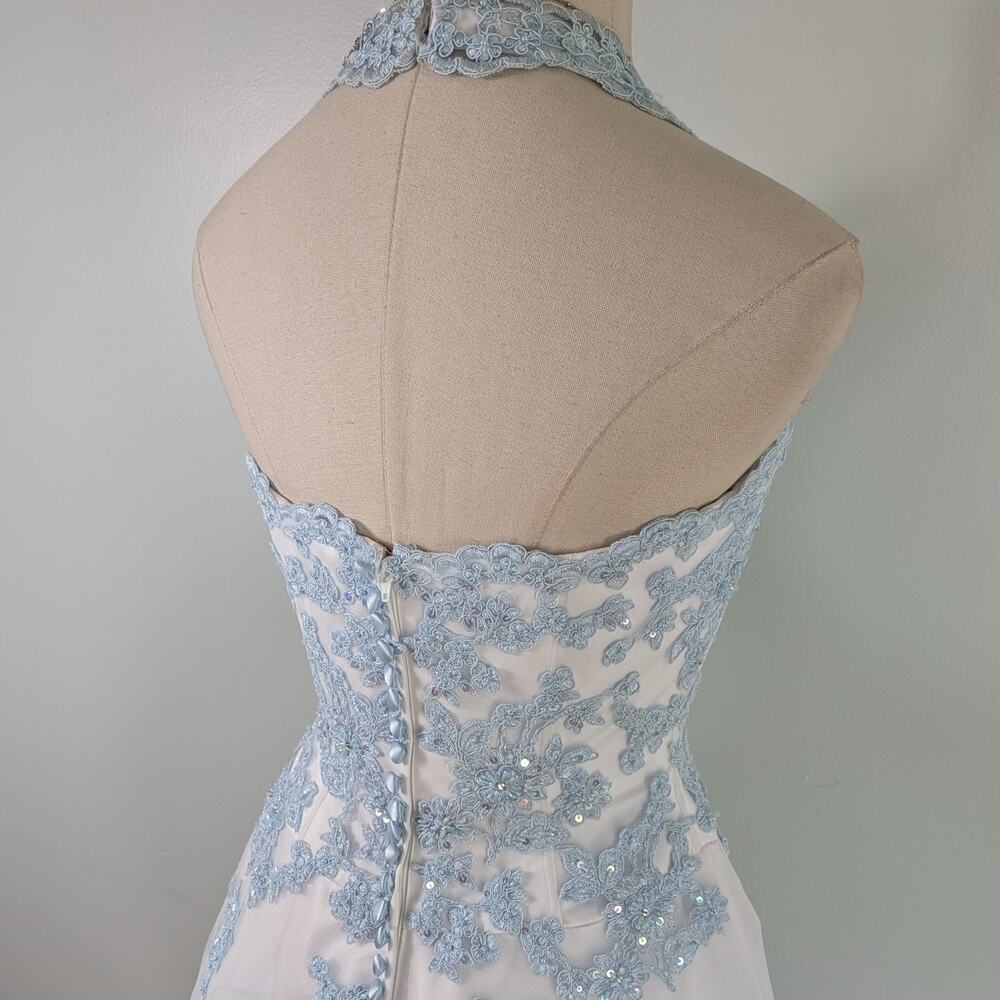 Vtg Jovani Prom Dress Maxi Gown 6 White Blue Y2K Fairy Princess Floral Wedding - Picture 4 of 16
